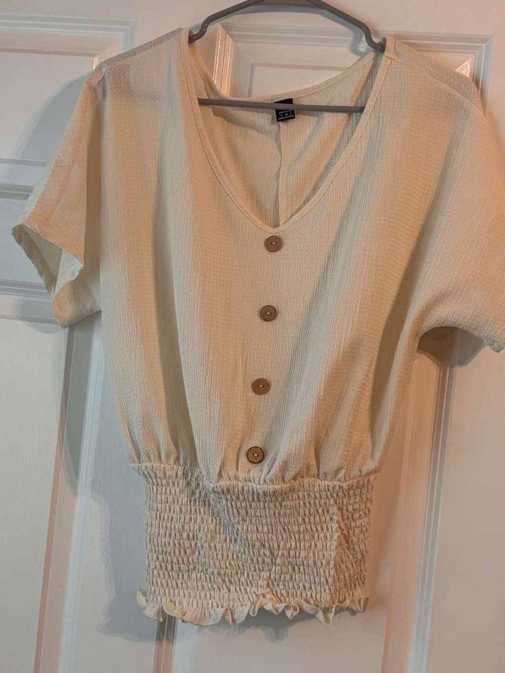 SHEIN Cream V-Neck Button Front Smocked Hem Crop Top